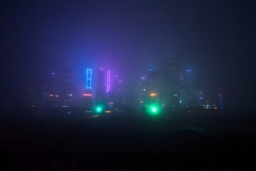 Hong Kong Skyline at Night in Mist, Neon Lights
