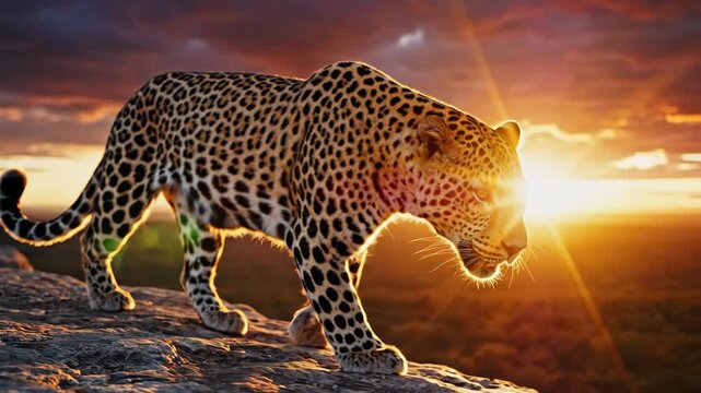 Majestic Leopard Walking on Rocky Outcrop During Golden Hour Sunset With Dramatic Clouds and Warm Sun Rays Illuminating its Spotted Coat