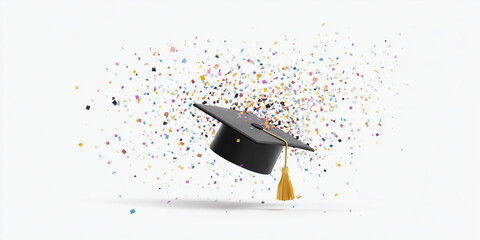 Graduation cap with colorful confetti falling on white background  