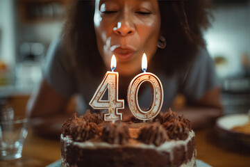 Woman blows out candles on birthday cake while celebrating 40th birthday in a kitchen during evening