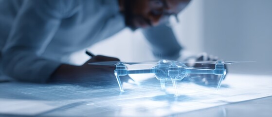 Innovator reviewing blueprint of autonomous drone, digital AR overlay, future aviation tech