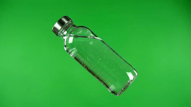 A clear glass bottle with a silver cap floats against a vibrant green screen background, showcasing isolated household objects in a creative still life composition with a focus on everyday