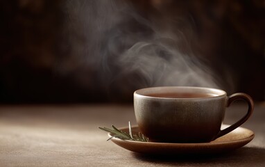 Hot herbal tea with steam rising, calm relaxation moment, natural earthy tones