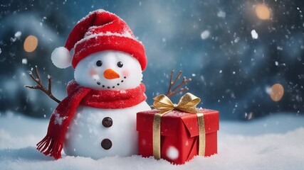 A cute snowman in a red hat and scarf next to a red gift with a gold ribbon, surrounded by falling snow. - Powered by Adobe