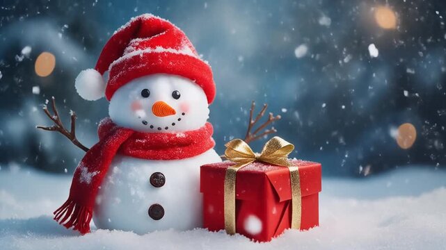 A cute snowman in a red hat and scarf next to a red gift with a gold ribbon, surrounded by falling snow.
