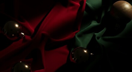 Luxurious red and green velvet draped with Christmas ornaments