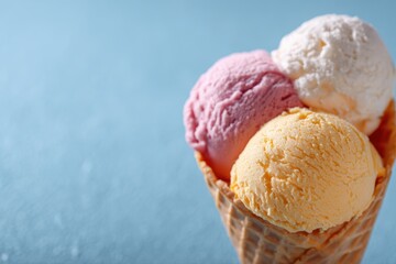 Ice cream scoops in waffle cone, colorful playful food style, sunny cheerful tone