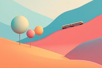 Abstract Landscape with Train and Spherical Trees - Minimalist Art