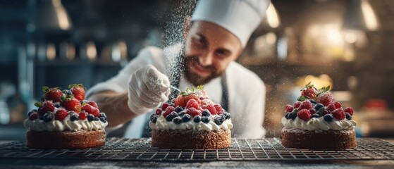 The Chef Decorating Three Berry-Topped Cakes on a Wire Rack in Professional Kitchen