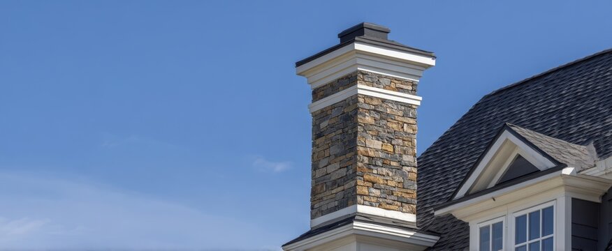 The Stone Chimney Rising Above A Classic Shingled House Roofline Under Blue Sky