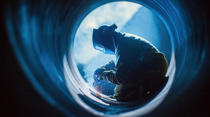 Welder works inside a large pipe while sparks fly during a project in a construction site