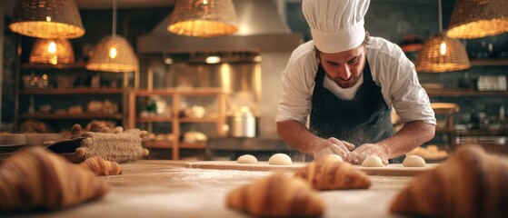 The Baker Rolling Dough at a Rustic Bakery Counter Surrounded by Croissants