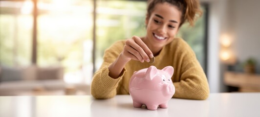 The Piggy Bank and Smiling Young Woman Saving Money at Home