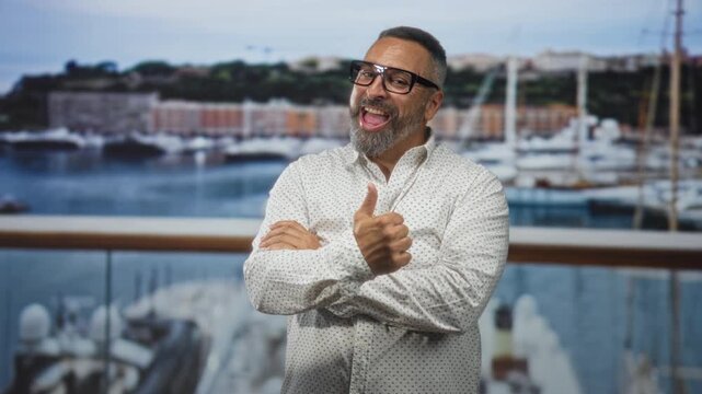 Man middle age hispanic with grey beard and glasses giving thumbs up with crossed arms beside yachts and boats at building marina; cheerful confidence.