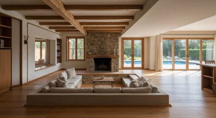 Naklejka premium Open-plan living area with a central sofa, stone fireplace, and pool view
