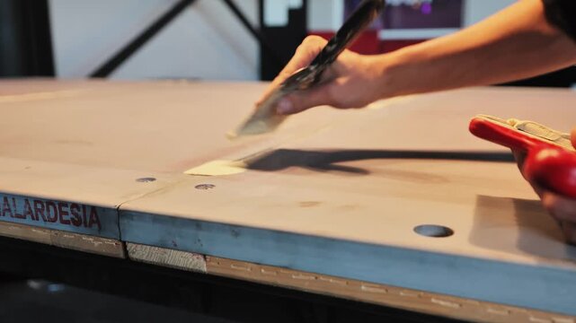 Artisan reviews putty line between slate panels in indoor pool table assembly