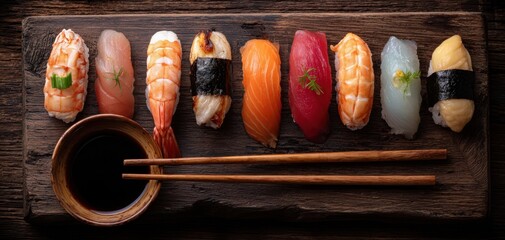 The Sushi Nigiri Platter on Rustic Wooden Board with Soy Sauce and Chopsticks
