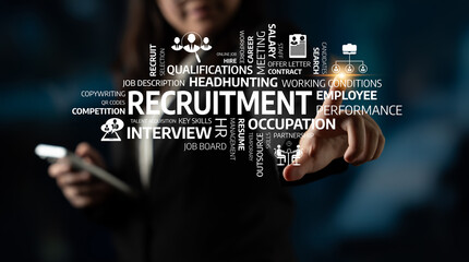 A professional woman focuses on recruitment concepts, showcasing keywords related to hiring and...