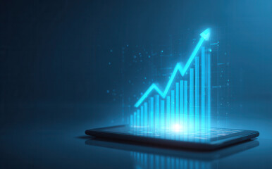 Digital chart rises on tablet screen showing increase in data over time in a dark setting