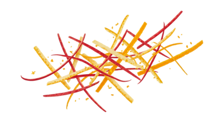 Citrus zest medley: vibrant strands of orange, lemon, and grapefruit peel create a colorful culinary element on white backdrop