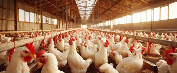 The Chickens in a Large Commercial Poultry Barn Bathed in Warm Morning Light