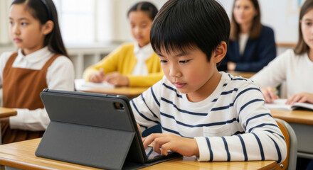 A young Asian boy attentively uses a tablet in a classroom, surrounded by classmates and a teacher. Focus on learning and modern education.