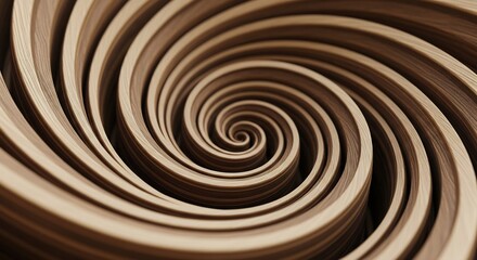 A closeup view of a spiraling pattern made of light and dark brown wooden bands showcasing the natural grain