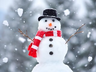 Smiling Snowman in Red Scarf and Top Hat During Winter Snowfall