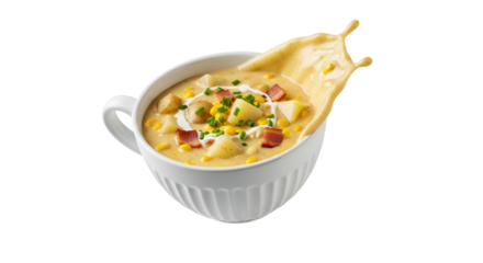 Creamy corn chowder overflowing a white bowl with delicious potato, bacon, and chive toppings in a splash on a clean background