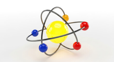 A 3D rendering of a bright yellow atom model featuring blue, red, and gold orbits on a clean white background, ideal for science and technology presentations.