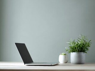 Fototapeta premium Laptop placed beside small potted plants, aesthetic clean home working environment