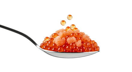 Luxurious spoonful: Close-up of vibrant salmon roe delicacy against a pristine background, showcasing gourmet indulgence and culinary artistry