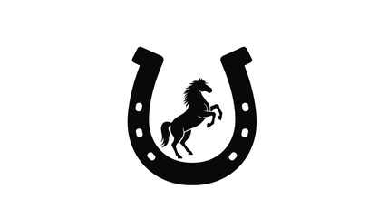 A black horse rearing within a horseshoe shape striking silhouette