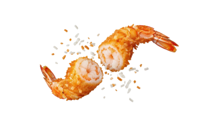 Golden-Crisped Shrimp Duo: A Culinary Ballet of Texture and Taste Floating Elegantly on a Pure White Canvas creating a visually appealing composition