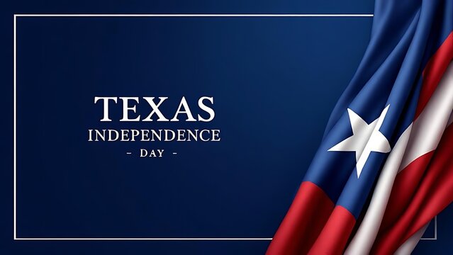 Texas Independence Day banner with the state flag waving on a dark blue background, celebrating the historic event and national pride.