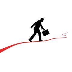 Obraz premium Silhouette of a businessman walking on a red line with a briefcase.