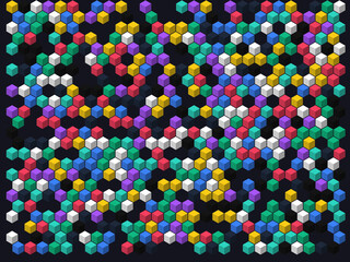 Abstract 3D Render of Colorful Geometric Cubes Pattern on Dark Background
