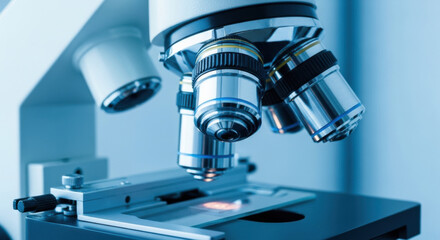 Detailed close-up of a white laboratory microscope focusing on the lens and stage in a blue-toned setting for scientific research and medical analysis.