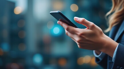 Female-led tech innovation concept. Person using a smartphone in an urban setting with blurred lights.