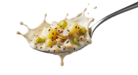Culinary delight captured: A spoonful of creamy clam chowder frozen in a delicious splash showing the appealing dish and its ingredients in all