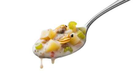 Creamy seafood chowder on a spoon, a hearty dish filled with shellfish and vegetable chunks bathed in a thick and luscious creamy sauce ready to be