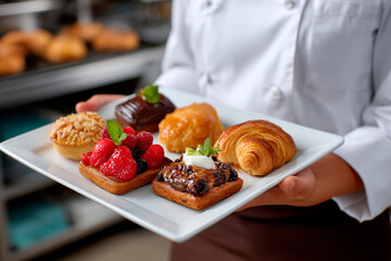 Chef holding plate with assorted fresh pastries
