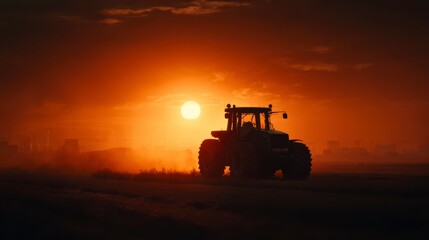 Fototapeta premium A solitary tractor stands as a silhouette against the breathtaking backdrop of a setting sun. The rich hues of orange and red paint the sky.