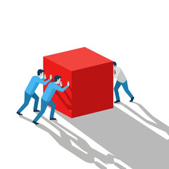 Three men pushing a large red cube together.