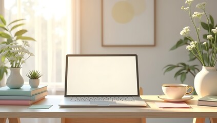 Fototapeta premium A pastel-themed home office setup featuring a digital tablet on a desk, surrounded by soft-colored sticky notes, gentle abstract shapes in the background, small indoor plants, and a cup of warm tea.