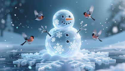 Frosted snowman surrounded by birds in a winter landscape  