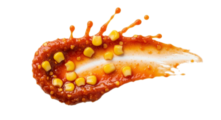 Abstract food art: A splash of vibrant red sauce with scattered sweetcorn kernels on a clean white backdrop creating an intriguing composition
