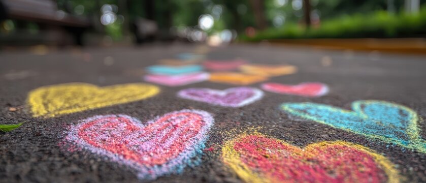 The Chalk Hearts on Pavement in a Colorful Park Pathway with Shallow Focus