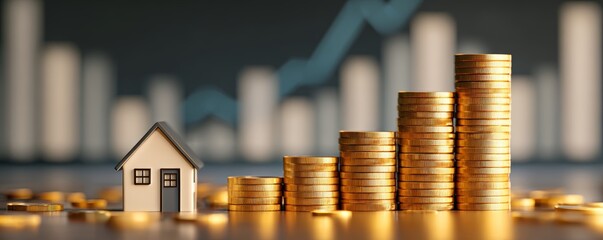 Miniature house stacks of gold coins with financial chart and calculator background representing real estate investment