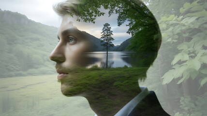 Double Exposure of a Man's Profile Merged with a Serene Landscape